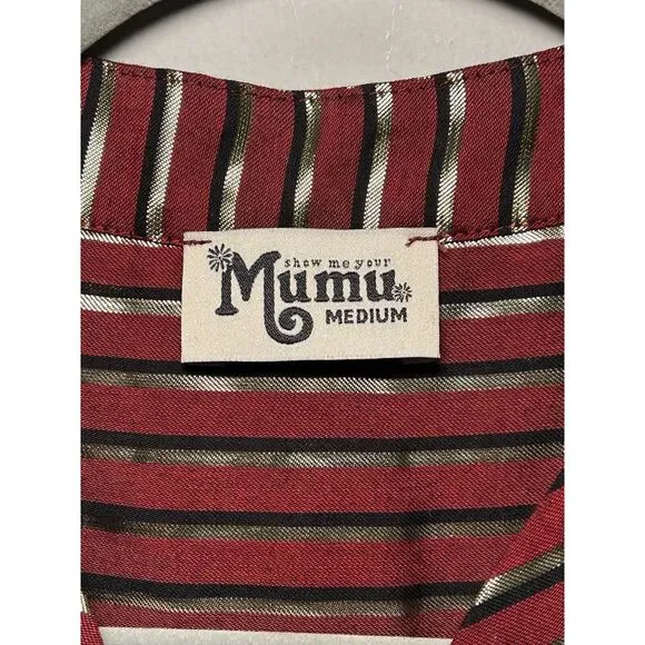 Show Me Your Mumu Maribelle Burgundy Red Gold‎ Stripe Shirt Dress SZ M $170 - Picture 4 of 8